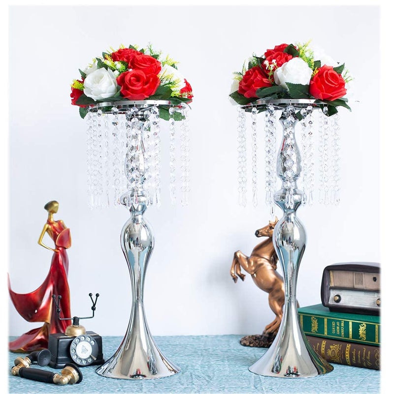 LANLONG Set of 2 Crystal Centerpieces for Tables Silver Metal Flower Vase Stand for Wedding Party Reception Home Decor - Image 4